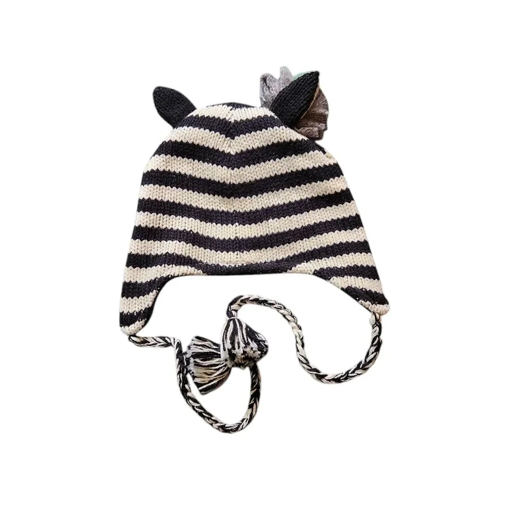 American Rag Cie Knit Beanie Striped Bird Fleece Lined Tassles Girls One Size